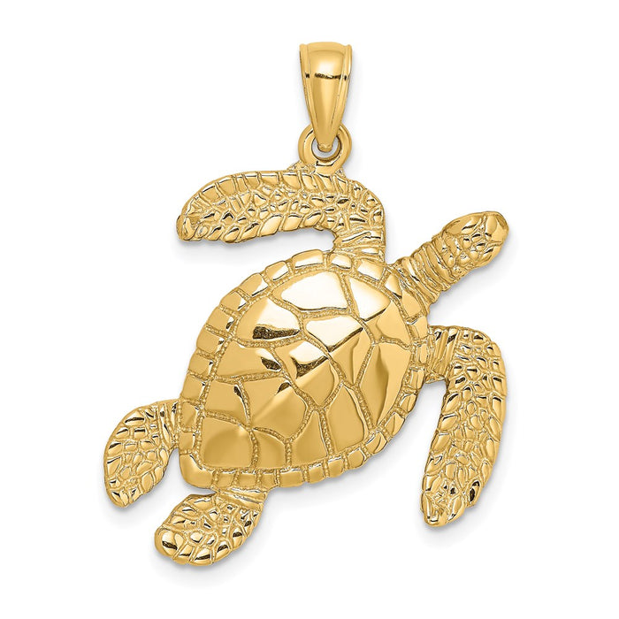 Million Charms 14K Yellow Gold Themed Large Textured Swimming Sea Turtle Charm