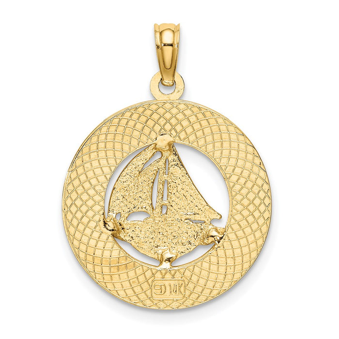 Million Charms 14K Yellow Gold Themed Turks & Caicos On Round Frame With Nautical Sailboat Charm