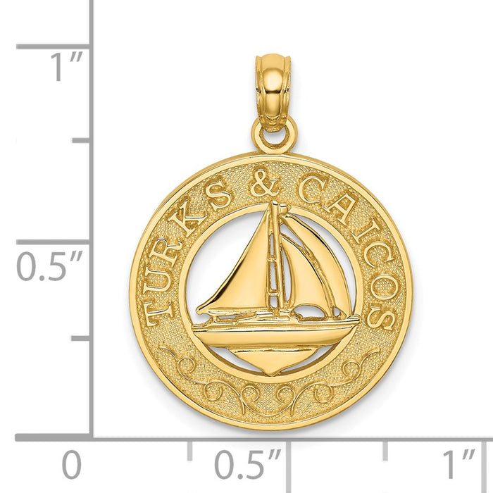 Million Charms 14K Yellow Gold Themed Turks & Caicos On Round Frame With Nautical Sailboat Charm