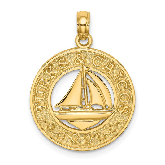 Million Charms 14K Yellow Gold Themed Turks & Caicos On Round Frame With Nautical Sailboat Charm