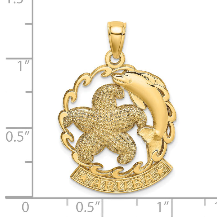 Million Charms 14K Yellow Gold Themed Aruba Under Nautical Starfish & Dolphin In Wave Charm