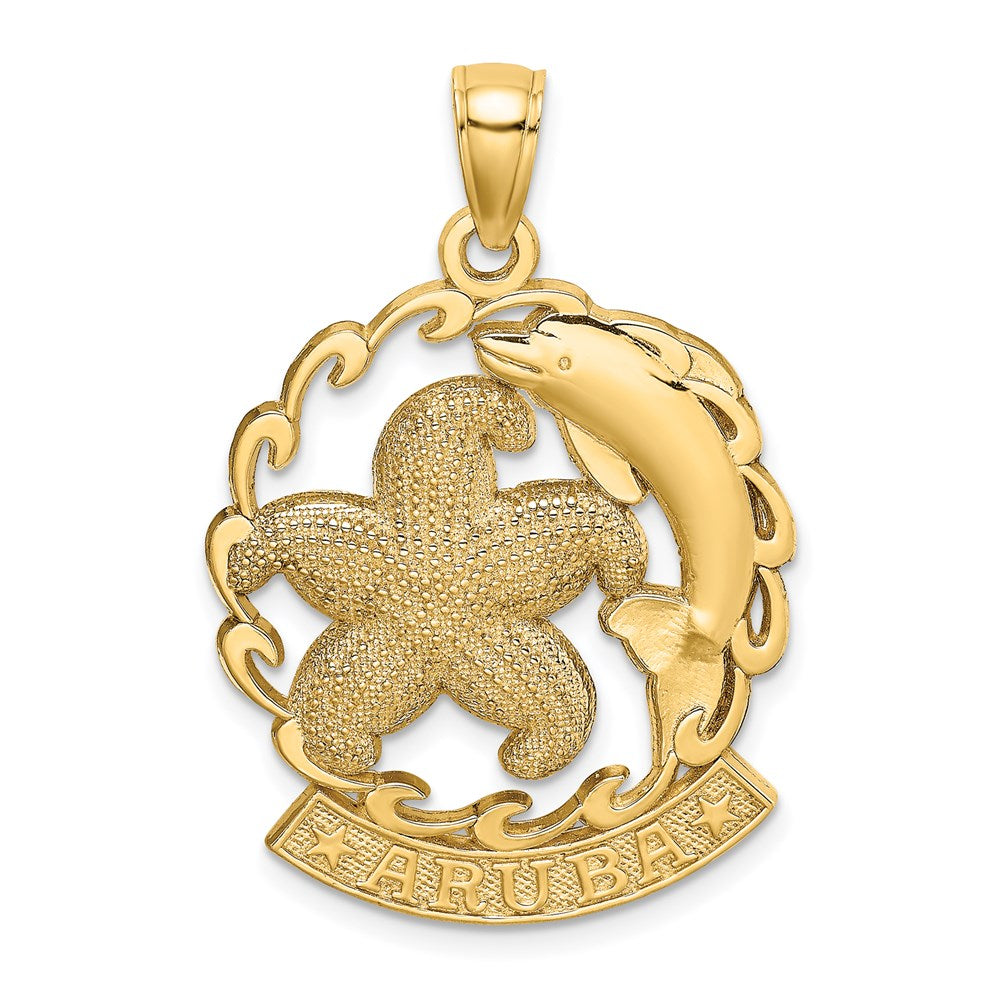 Million Charms 14K Yellow Gold Themed Aruba Under Nautical Starfish & Dolphin In Wave Charm