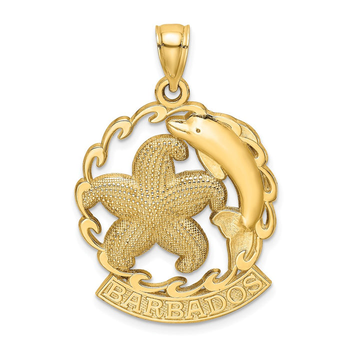 Million Charms 14K Yellow Gold Themed Barbados Under Nautical Starfish & Dolphin In Wave Charm
