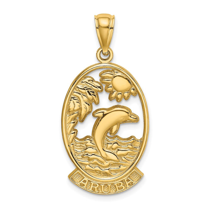 Million Charms 14K Yellow Gold Themed Aruba With Dolphin & Sunset In Frame Charm