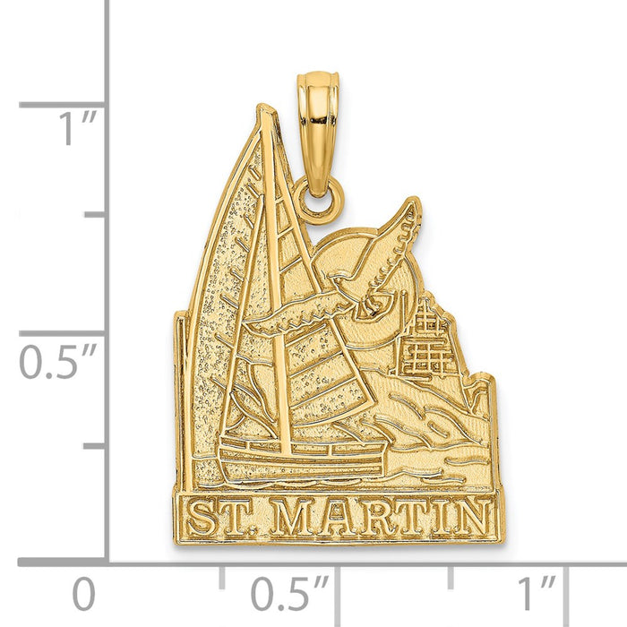 Million Charms 14K Yellow Gold Themed Religious Saint Martin With Nautical Sailboat & Seagull Scene Charm