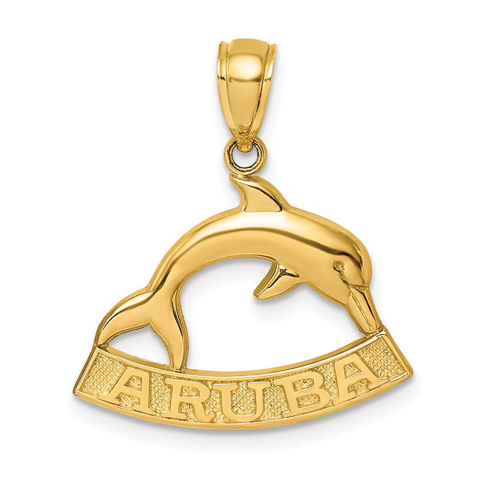 Million Charms 14K Yellow Gold Themed 2-D Aruba Under Polished Dolphin Charm