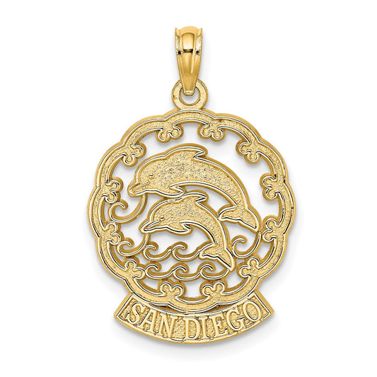 Million Charms 14K Yellow Gold Themed San Diego With Dolphins & Waves Charm