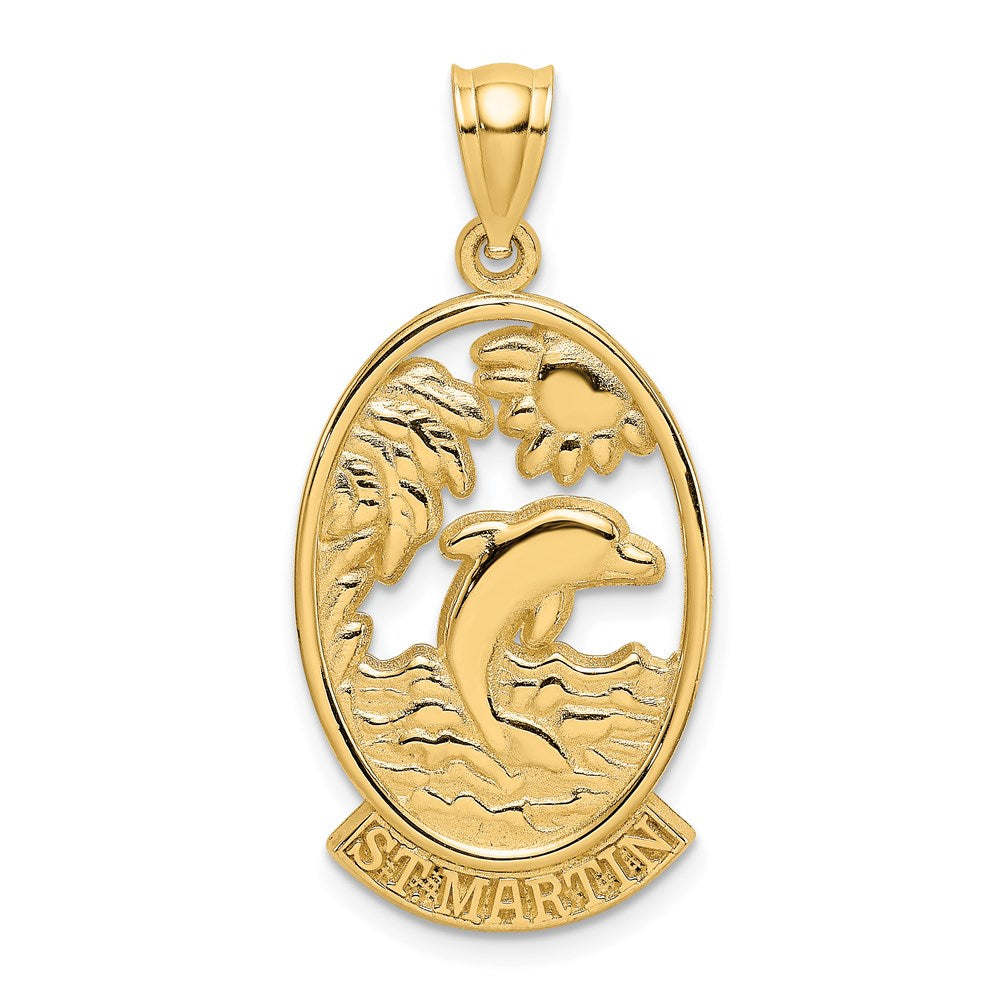 Million Charms 14K Yellow Gold Themed Religious Saint Martin With Dolphin & Sunset Charm