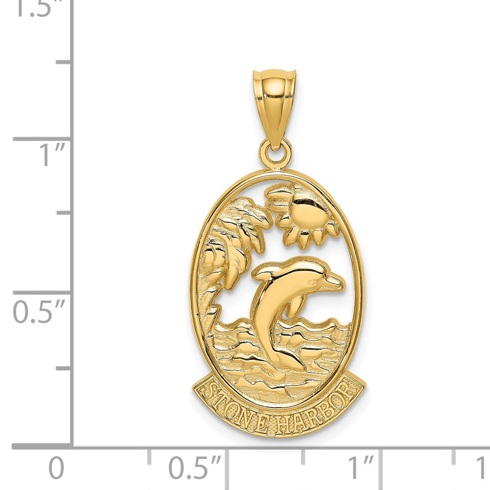Million Charms 14K Yellow Gold Themed Stone Harbor With Dolphin & Sunset In Frame