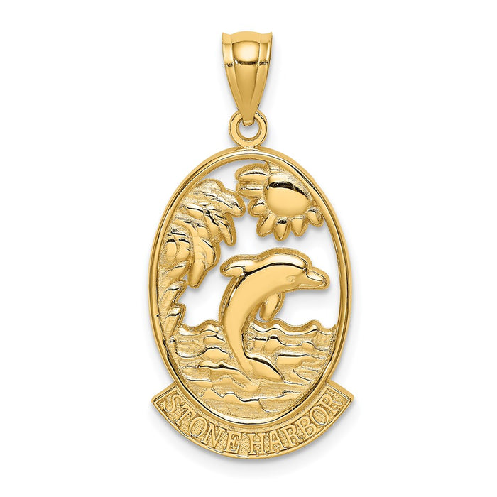 Million Charms 14K Yellow Gold Themed Stone Harbor With Dolphin & Sunset In Frame