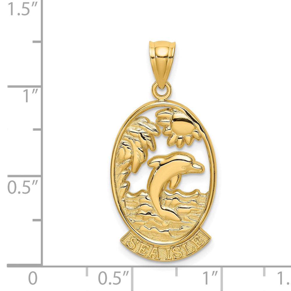Million Charms 14K Yellow Gold Themed Sea Isle With Dolphin & Sunset In Frame Charm