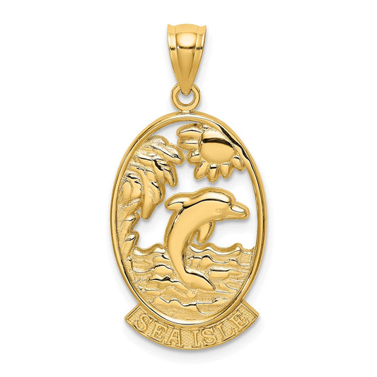 Million Charms 14K Yellow Gold Themed Sea Isle With Dolphin & Sunset In Frame Charm