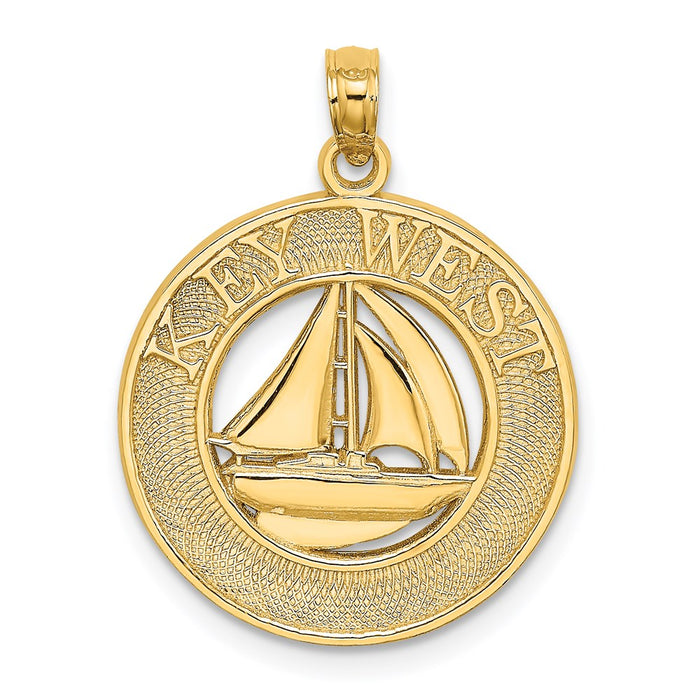 Million Charms 14K Yellow Gold Themed Key West On Round Frame Nautical Sailboat Charm