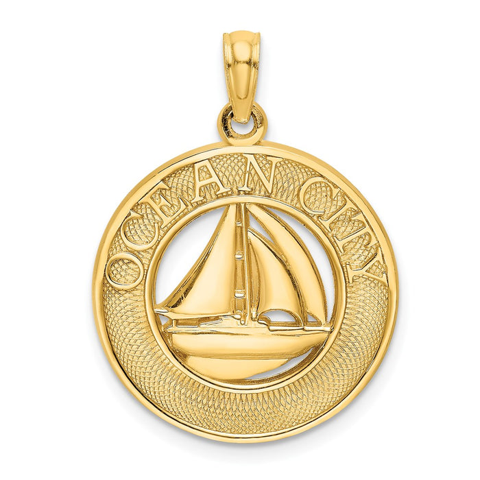 Million Charms 14K Yellow Gold Themed Ocean City On Round Frame With Nautical Sailboat Charm