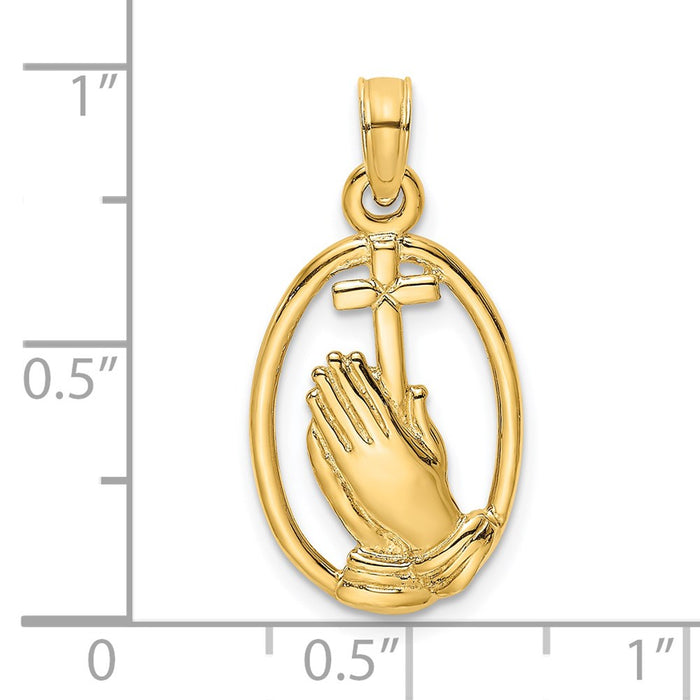Million Charms 14K Yellow Gold Themed Praying Hands & Relgious Cross In Oval Charm