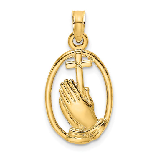 Million Charms 14K Yellow Gold Themed Praying Hands & Relgious Cross In Oval Charm