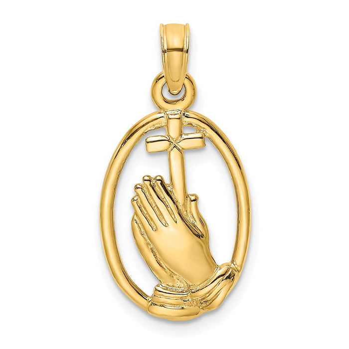 Million Charms 14K Yellow Gold Themed Praying Hands & Relgious Cross In Oval Charm