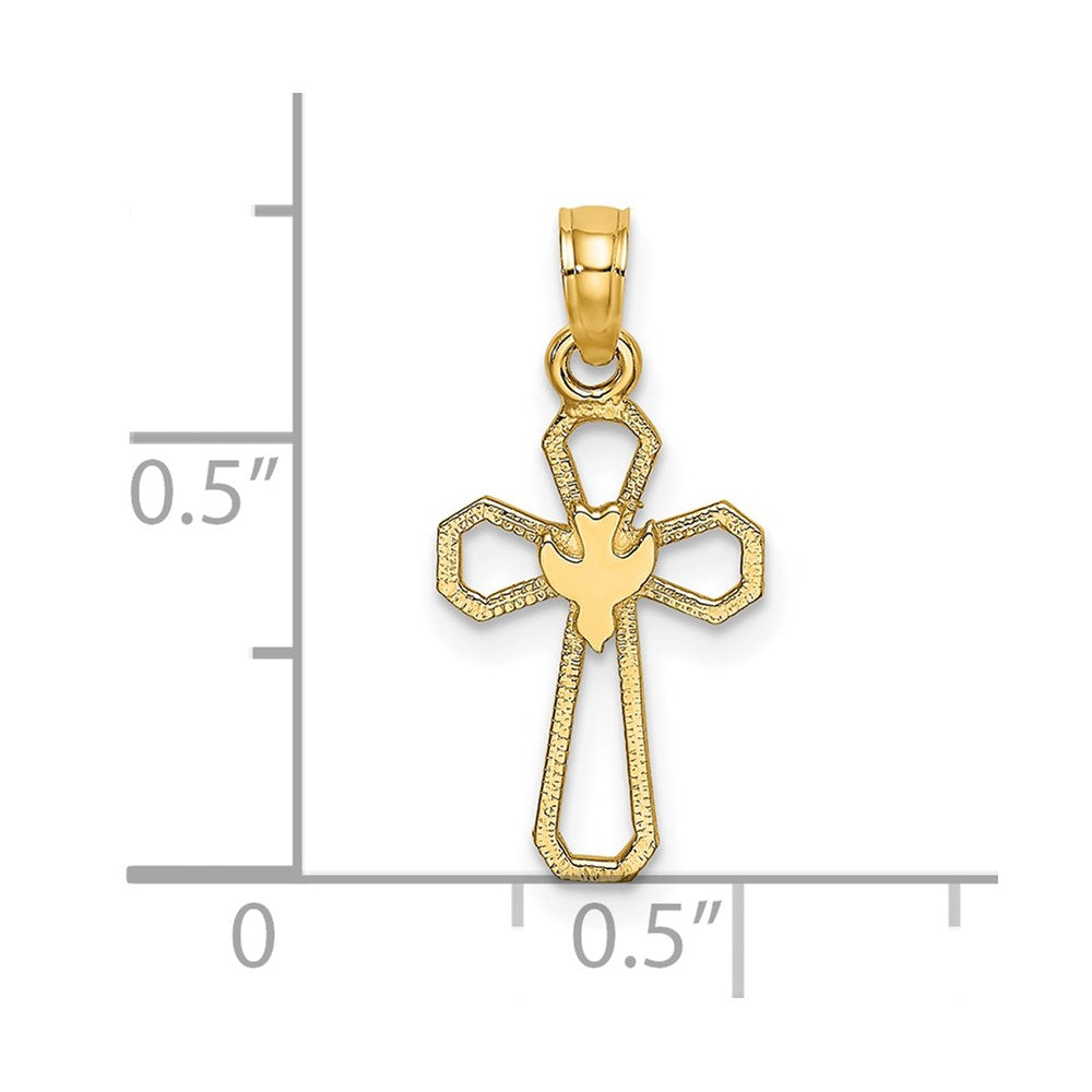 Million Charms 14K Yellow Gold Themed Cut-Out Relgious Cross With Dove Charm
