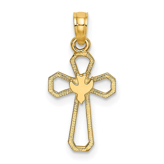 Million Charms 14K Yellow Gold Themed Cut-Out Relgious Cross With Dove Charm