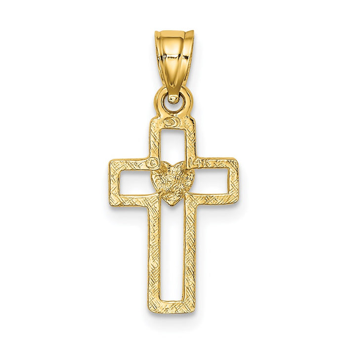 Million Charms 14K Yellow Gold Themed Cut-Out Relgious Cross With Heart Charm