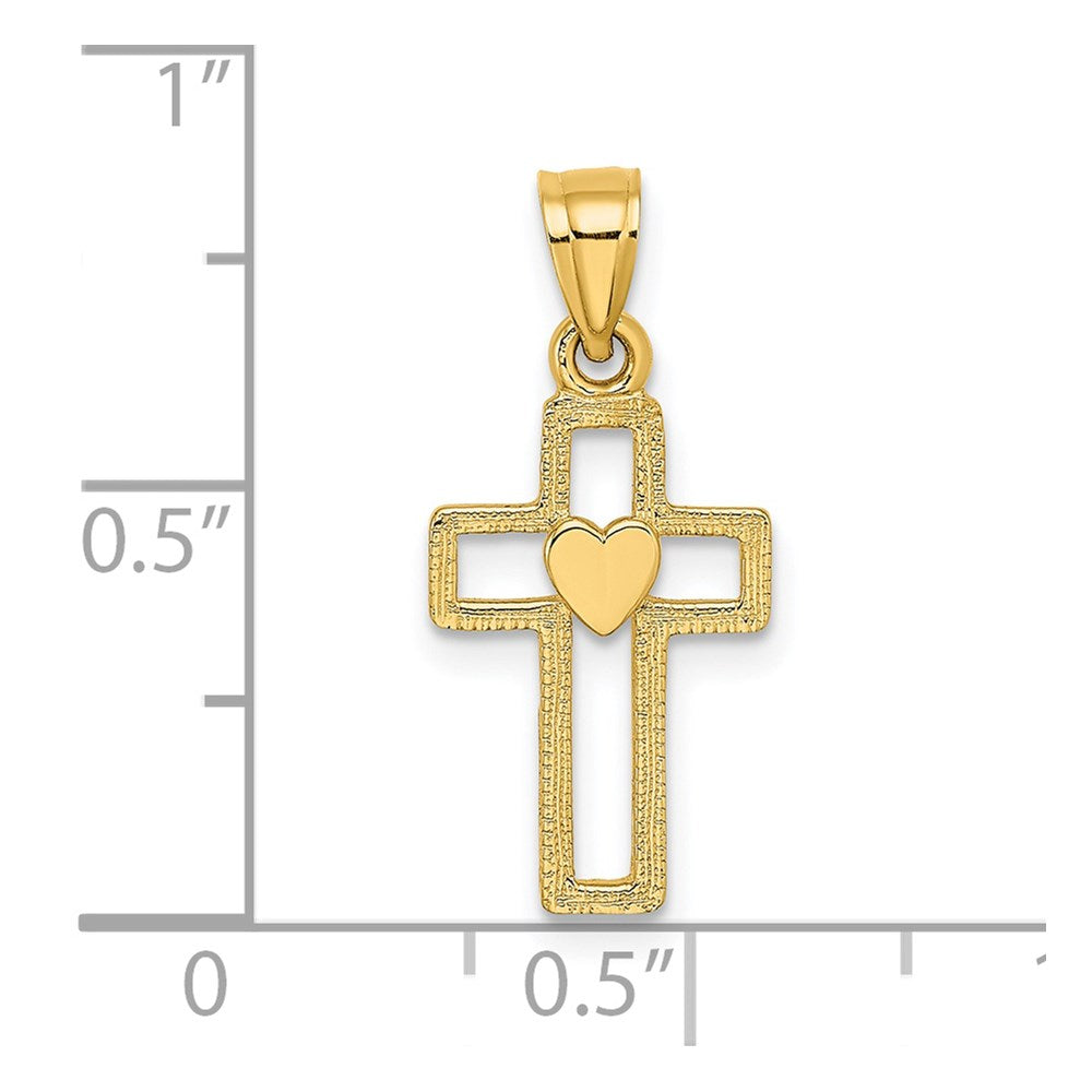 Million Charms 14K Yellow Gold Themed Cut-Out Relgious Cross With Heart Charm