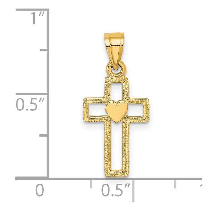 Million Charms 14K Yellow Gold Themed Cut-Out Relgious Cross With Heart Charm