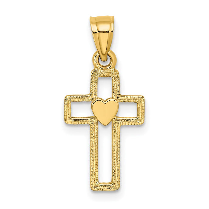 Million Charms 14K Yellow Gold Themed Cut-Out Relgious Cross With Heart Charm