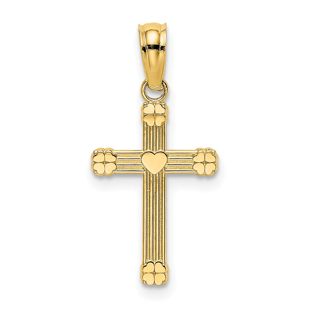Million Charms 14K Yellow Gold Themed Textured With Center Heart Small Relgious Cross Charm