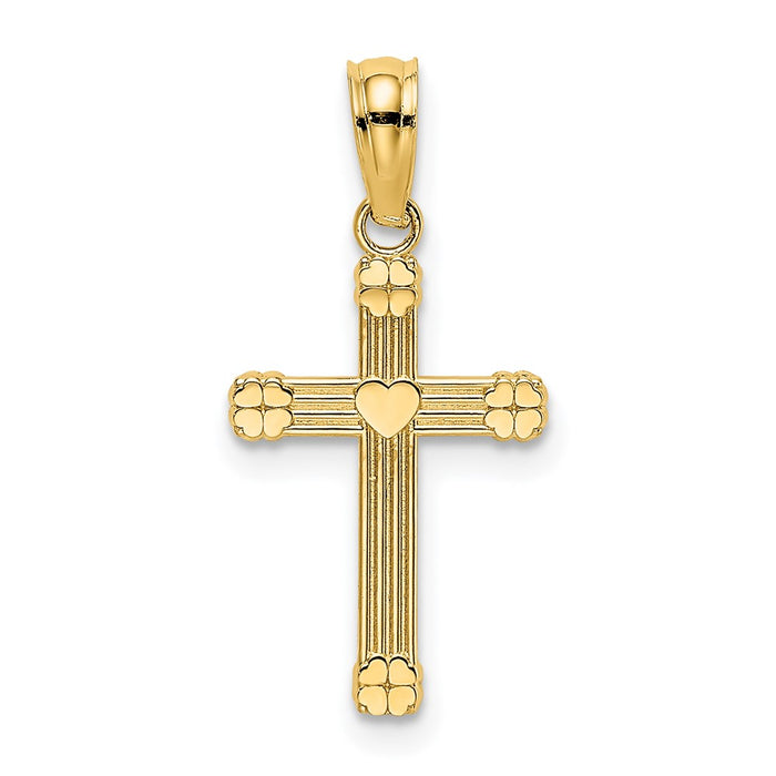 Million Charms 14K Yellow Gold Themed Textured With Center Heart Small Relgious Cross Charm