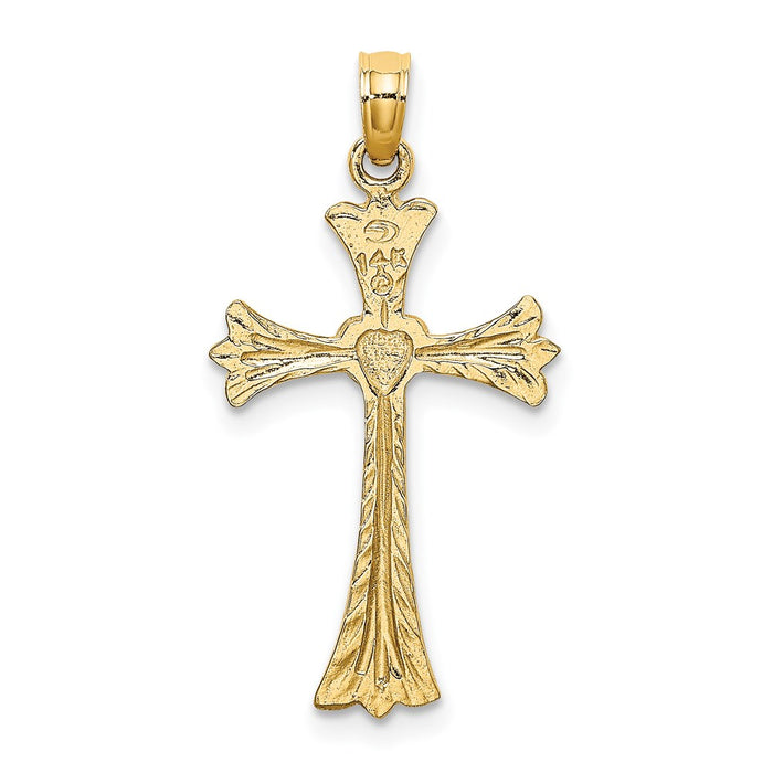 Million Charms 14K Yellow Gold Themed Polished & Engraved Relgious Cross With Heart Charm