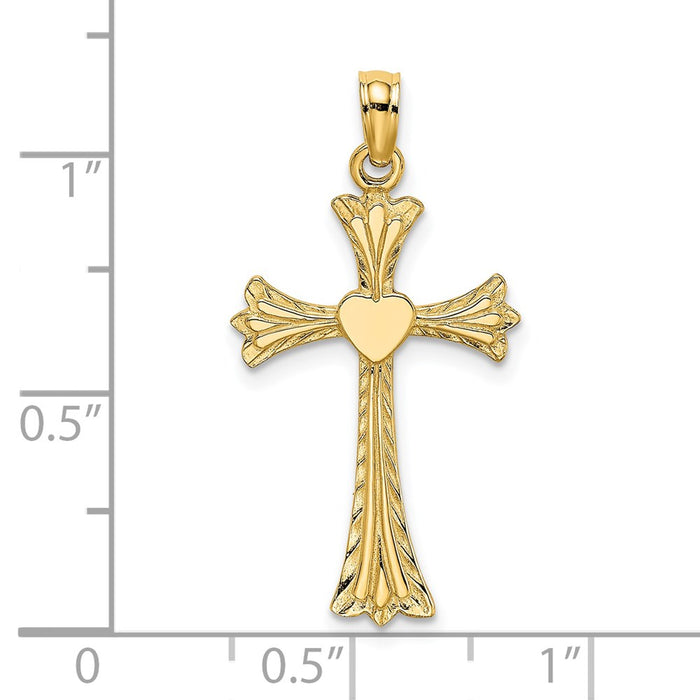 Million Charms 14K Yellow Gold Themed Polished & Engraved Relgious Cross With Heart Charm