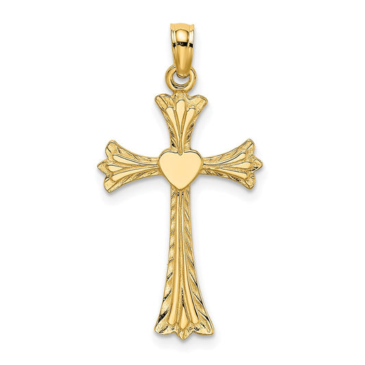 Million Charms 14K Yellow Gold Themed Polished & Engraved Relgious Cross With Heart Charm