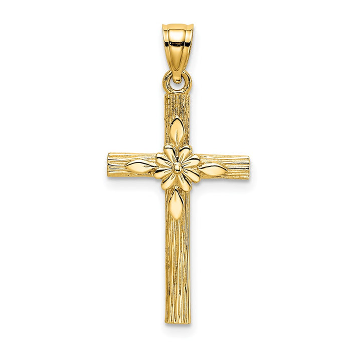 Million Charms 14K Yellow Gold Themed Relgious Cross With Flower Charm