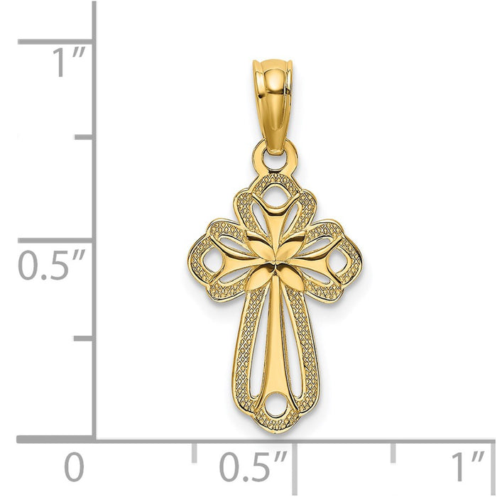 Million Charms 14K Yellow Gold Themed Cut-Out Polished & Textured Relgious Cross Charm