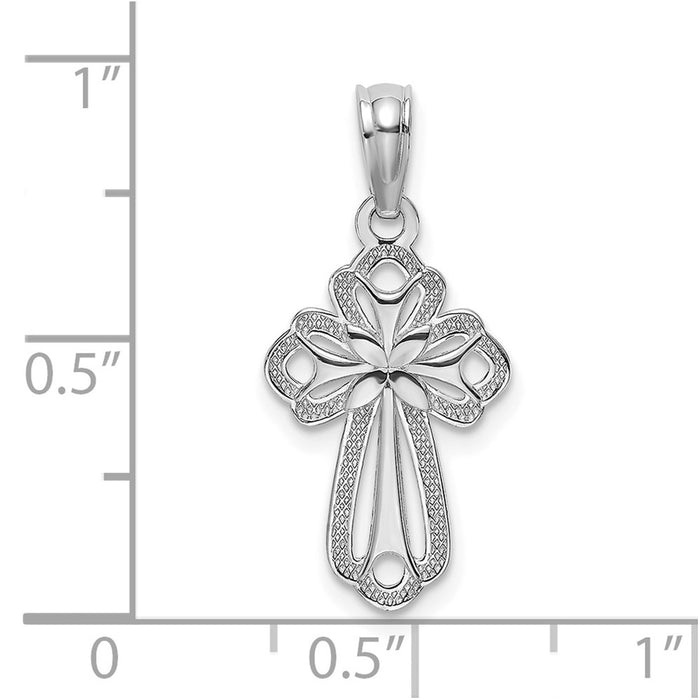 Million Charms 14K White Gold Themed Cut-Out Polished & Textured Relgious Cross Charm