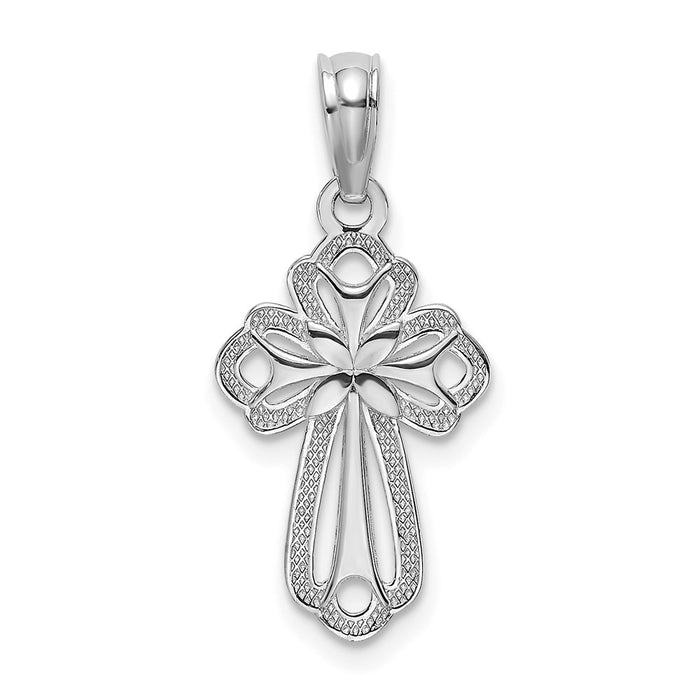 Million Charms 14K White Gold Themed Cut-Out Polished & Textured Relgious Cross Charm