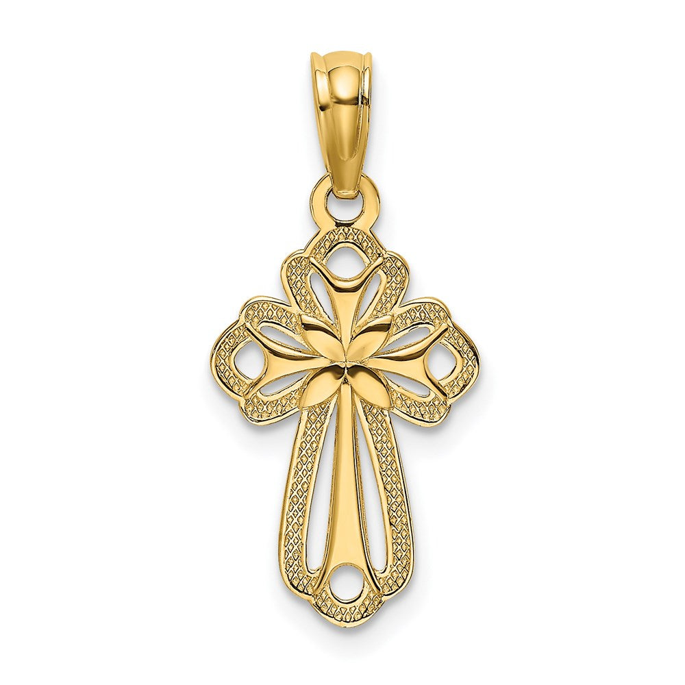 Million Charms 14K Yellow Gold Themed Cut-Out Polished & Textured Relgious Cross Charm