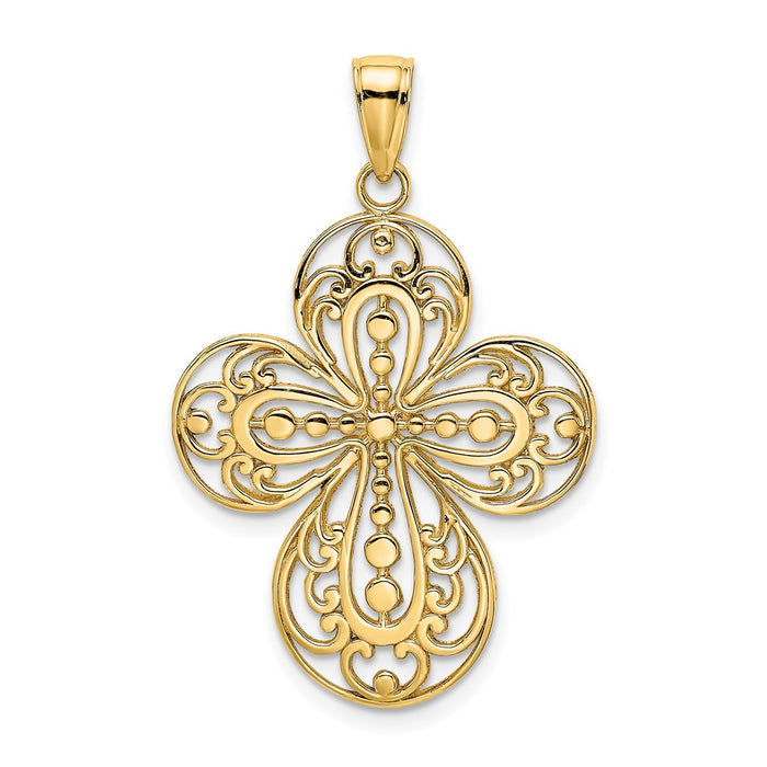 Million Charms 14K Yellow Gold Themed Cut-Out With Rounded Tips Filigree Relgious Cross Charm