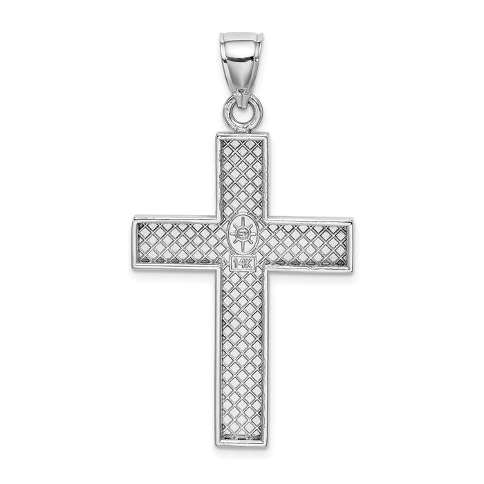 Million Charms 14K White Gold Themed 2-D & Large Block Relgious Cross With Open Back Charm