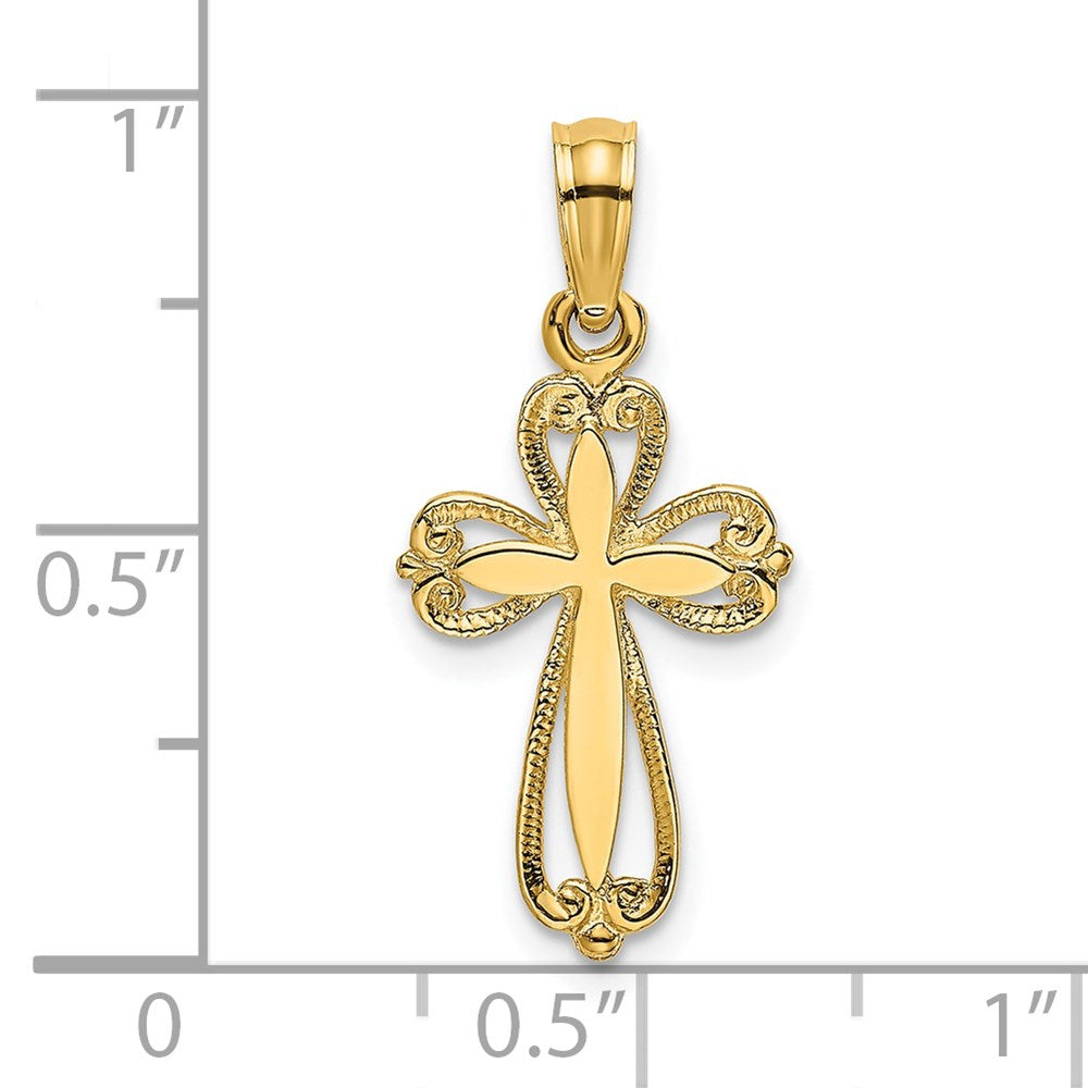 Million Charms 14K Yellow Gold Themed Polished & Cut-Out Engraved Relgious Cross Charm
