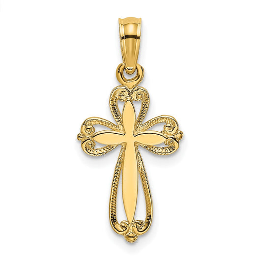 Million Charms 14K Yellow Gold Themed Polished & Cut-Out Engraved Relgious Cross Charm