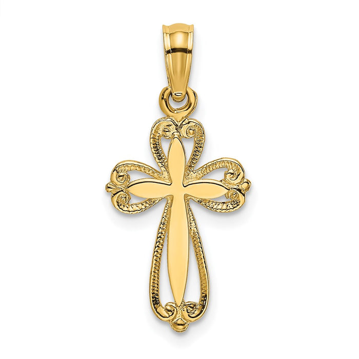 Million Charms 14K Yellow Gold Themed Polished & Cut-Out Engraved Relgious Cross Charm