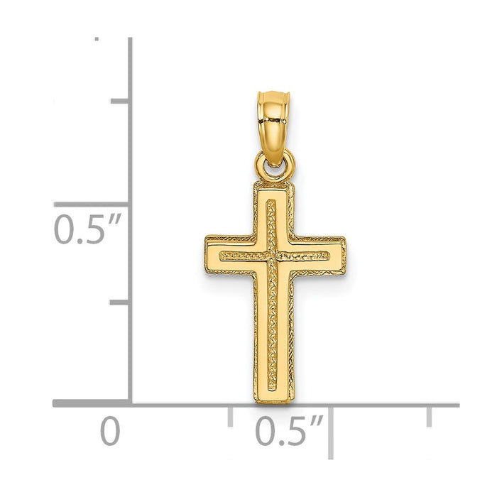 Million Charms 14K Yellow Gold Themed 2-D Polished & Textured Relgious Cross Charm