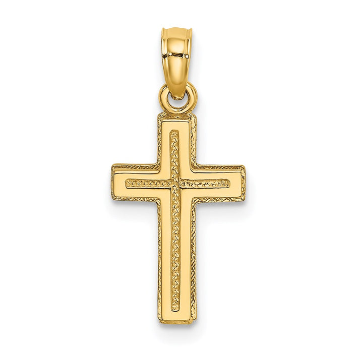 Million Charms 14K Yellow Gold Themed 2-D Polished & Textured Relgious Cross Charm