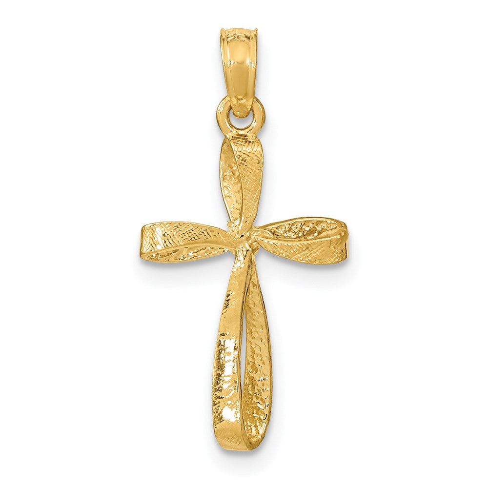 Million Charms 14K Yellow Gold Themed 3-D Engraved & Polished Twisted Relgious Cross Charm