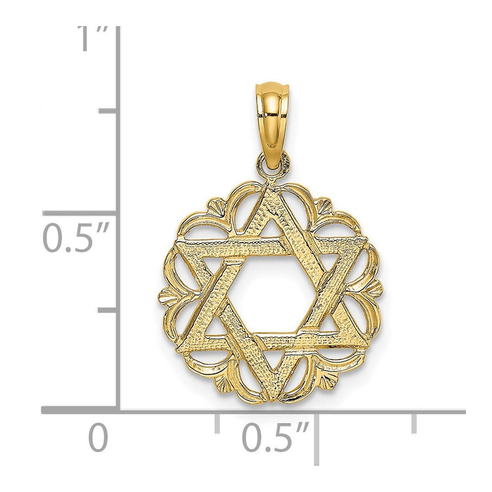 Million Charms 14K Yellow Gold Themed Religious Jewish Star Of David In Scalloped Circle Charm