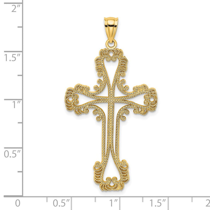 Million Charms 14K Yellow Gold Themed Beaded Cut-Out Relgious Cross With Swirled Design Charm