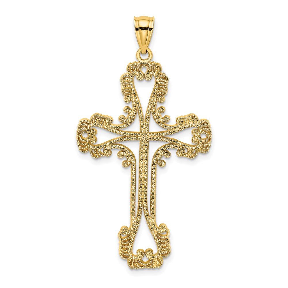 Million Charms 14K Yellow Gold Themed Beaded Cut-Out Relgious Cross With Swirled Design Charm