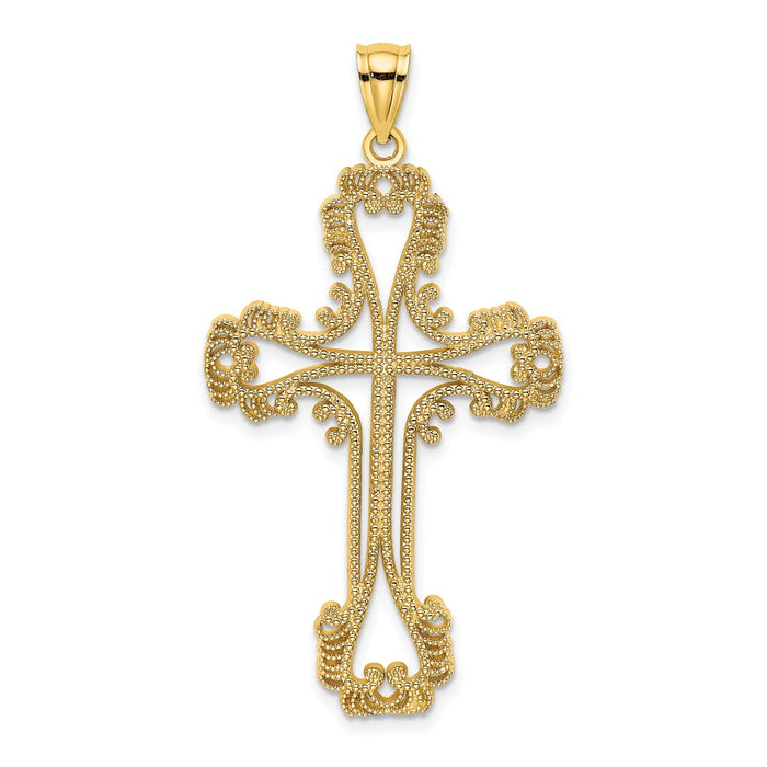 Million Charms 14K Yellow Gold Themed Beaded Cut-Out Relgious Cross With Swirled Design Charm