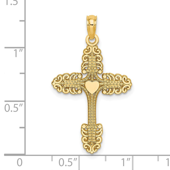 Million Charms 14K Yellow Gold Themed Multi-Scalloped Tipped Relgious Cross With Heart Center Charm